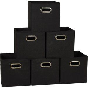 Black Set of 6  80-1 Foldable Fabric Storage Bins Cubby Cubes With Handles